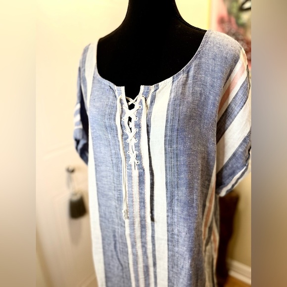 Caslon Striped Lace Up Shift  oversized Dress, lace up 3/4 front, short dolman - Picture 5 of 10